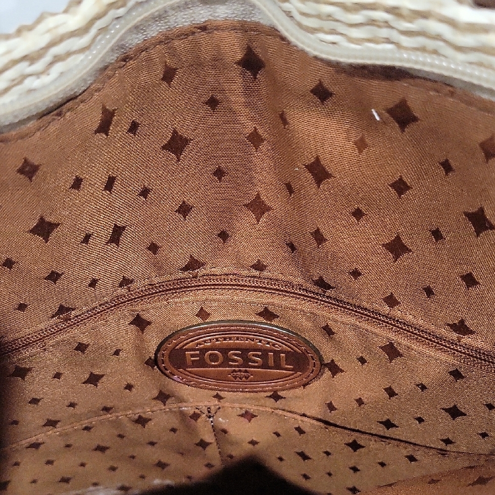 Fossil Tan, Cream & Coral Woven Tote with Brown Leather Trim - Picture 4 of 12